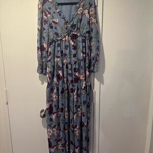 Amazon Blue Maxi Sundress with V-Neck Bishop Sleeves